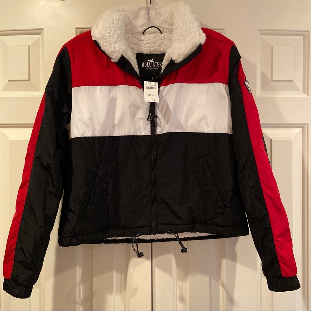 Hollister Puffy Jacket Size S - Red, White & Blue with Cozy Fleece Lining